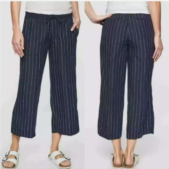 Athleta Navy Blue Striped Bali Cropped Pants Linen Size 4‎ Style 291717 Casual - Picture 1 of 10
